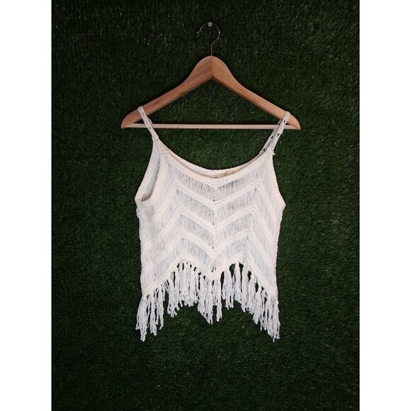 Rebellion Again Tops - Boho Crochet Fringe Crop Top Chevron Knit Festival Tank Cami Cream Ivory S/M